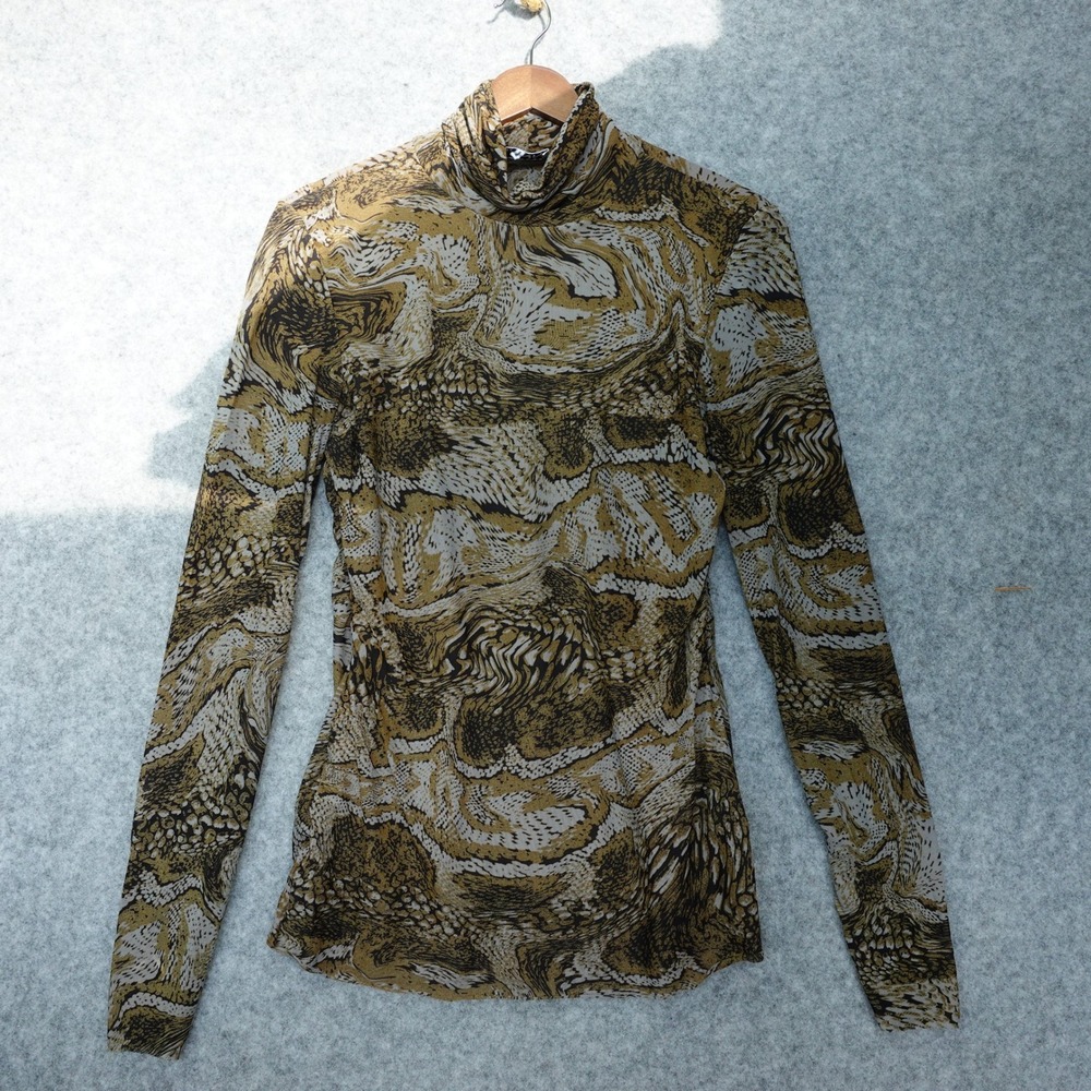 Earthy Grunge Mesh Top GANNI Womens 38 MEDIUM Brown Scandi Roll Neck Tigers Eye